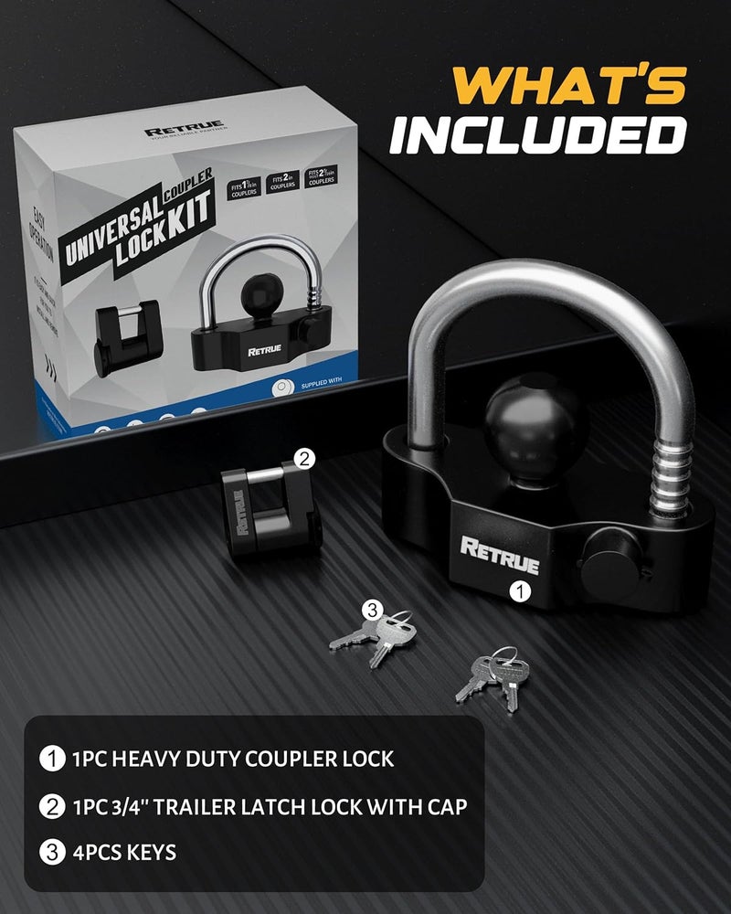 RETRUE Keyed Alike Heavy Duty Coupler Lock Set Trailer Lock Kit Include Universal Coupler Lock & Trailer Tongue Coupler Lock All Black Set - Image 2